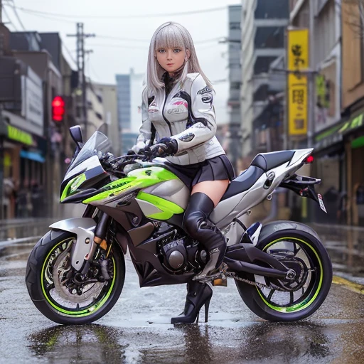 One girl, Mini skirt with slit、Jacket, Bob Hair、Silver Hair、Medium breast、boots、rain, ((Ground vehicles, Mecha, motorcycle, on motorcycle, Vehicle Focus, kawasaki、wheel))、night, road, street, rain, city, puddle, masterpiece:1.3、Raw photo、Highest quality , Anatomically accurate hands and feet、