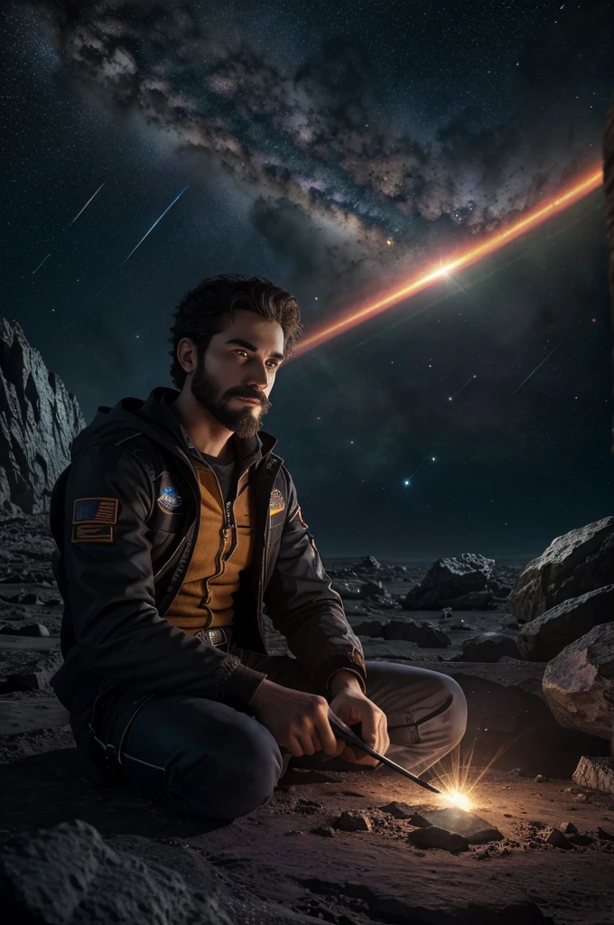 Draw a young programmer, sitting on a research platform floating in the middle of an asteroid belt. He is studying with a notebook, surrounded by several asteroids glowing with fiery auras. Dramatic lighting from distant stars and planets illuminates the scene, casting deep shadows on the suit. The young man looks confident and determined, looking at the vast and mysterious universe with wonder and respect,facial hair, cowboy shot,