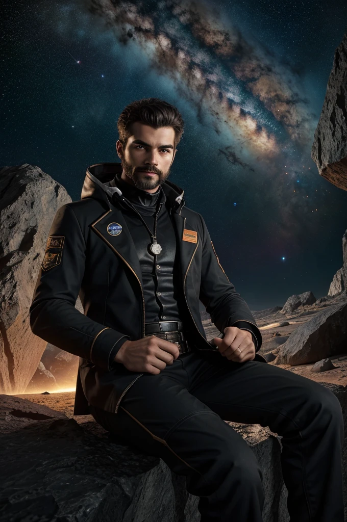 Draw a young programmer, sitting on a research platform floating in the middle of an asteroid belt. He is studying with a notebook, surrounded by several asteroids glowing with fiery auras. Dramatic lighting from distant stars and planets illuminates the scene, casting deep shadows on the suit. The young man looks confident and determined, looking at the vast and mysterious universe with wonder and respect,facial hair, cowboy shot,