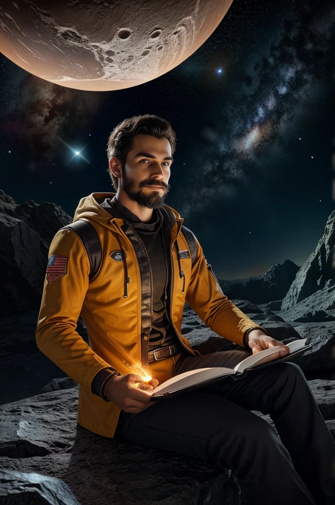 Draw a young programmer, sitting on a research platform floating in the middle of an asteroid belt. He is studying with a notebook, surrounded by several asteroids glowing with fiery auras. Dramatic lighting from distant stars and planets illuminates the scene, casting deep shadows on the suit. The young man looks confident and determined, looking at the vast and mysterious universe with wonder and respect,facial hair, cowboy shot,
