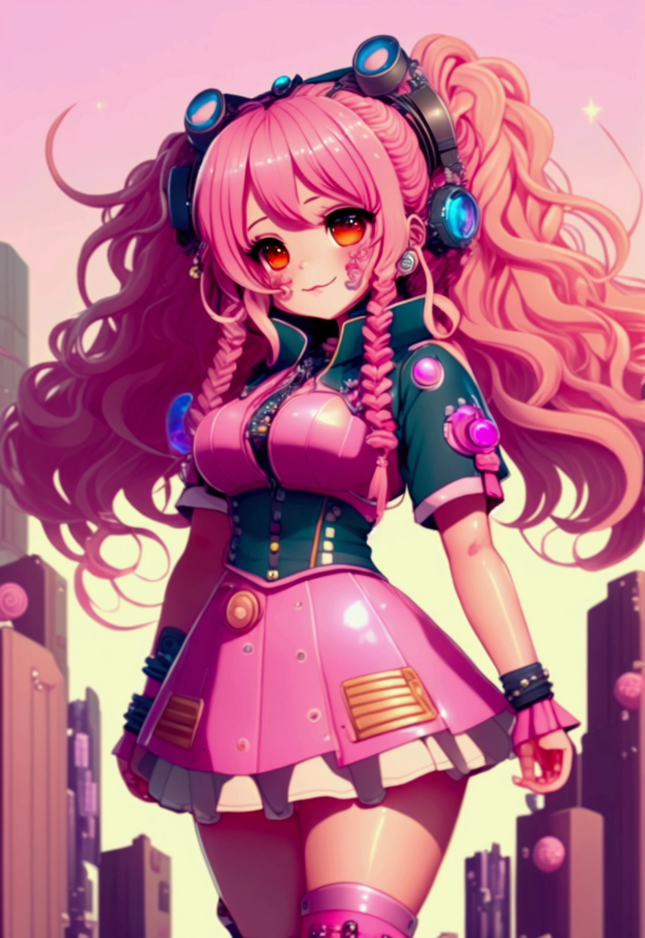 High resolution, Highest quality, masterpiece, Very high quality, Very detailed, Surreal, 3d, anime, An illustration, Fantasy, Hard Rock Girl, So beautiful and cute, Pink wavy hair, Side braid, mini skirt, Knee-high socks, Engineer boot, background cyberpunk city galaxy
