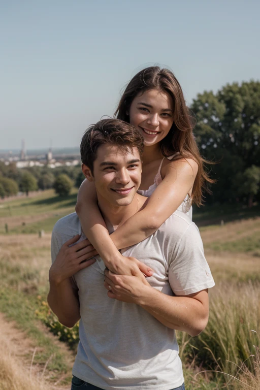 The woman is carried on the back of the man,beautiful and handsome,wear casual clothes,Visual, realistic,detail,grassland,looking at the camera, happy smiling 