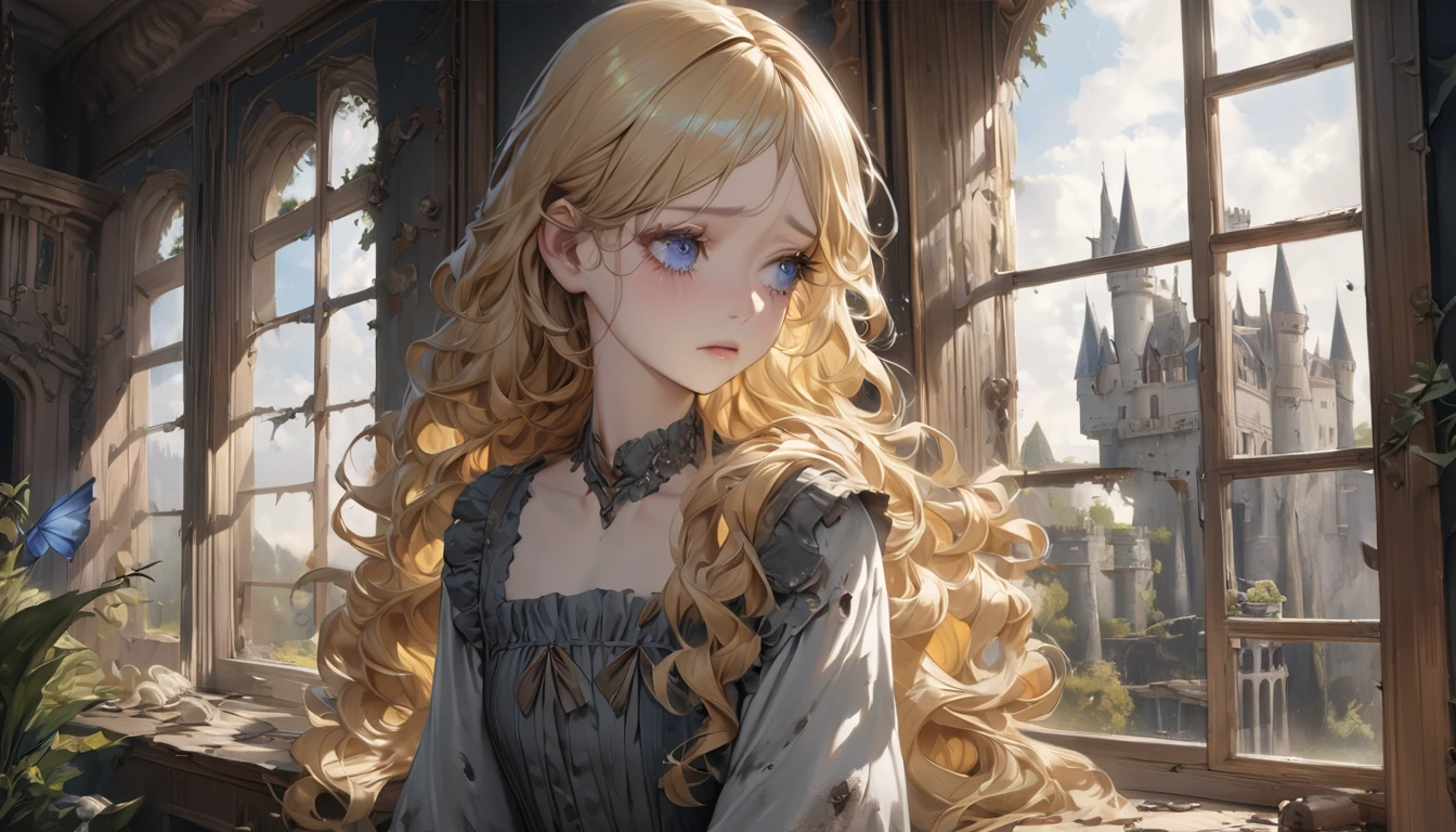 master piece, ultra detailed, hyper realistic, A female servant stares out of a window at a castle in the distance, 20yo, Ragged and shabby servant dress, covered in soot, shedding tears and reflecting a deep sadness, wavy hair, yellow hair, silky hair, blue eyes, long eyelashes, yellow eyebrows, pale skin, Fairy Tale World Feel, large window, looking away, 