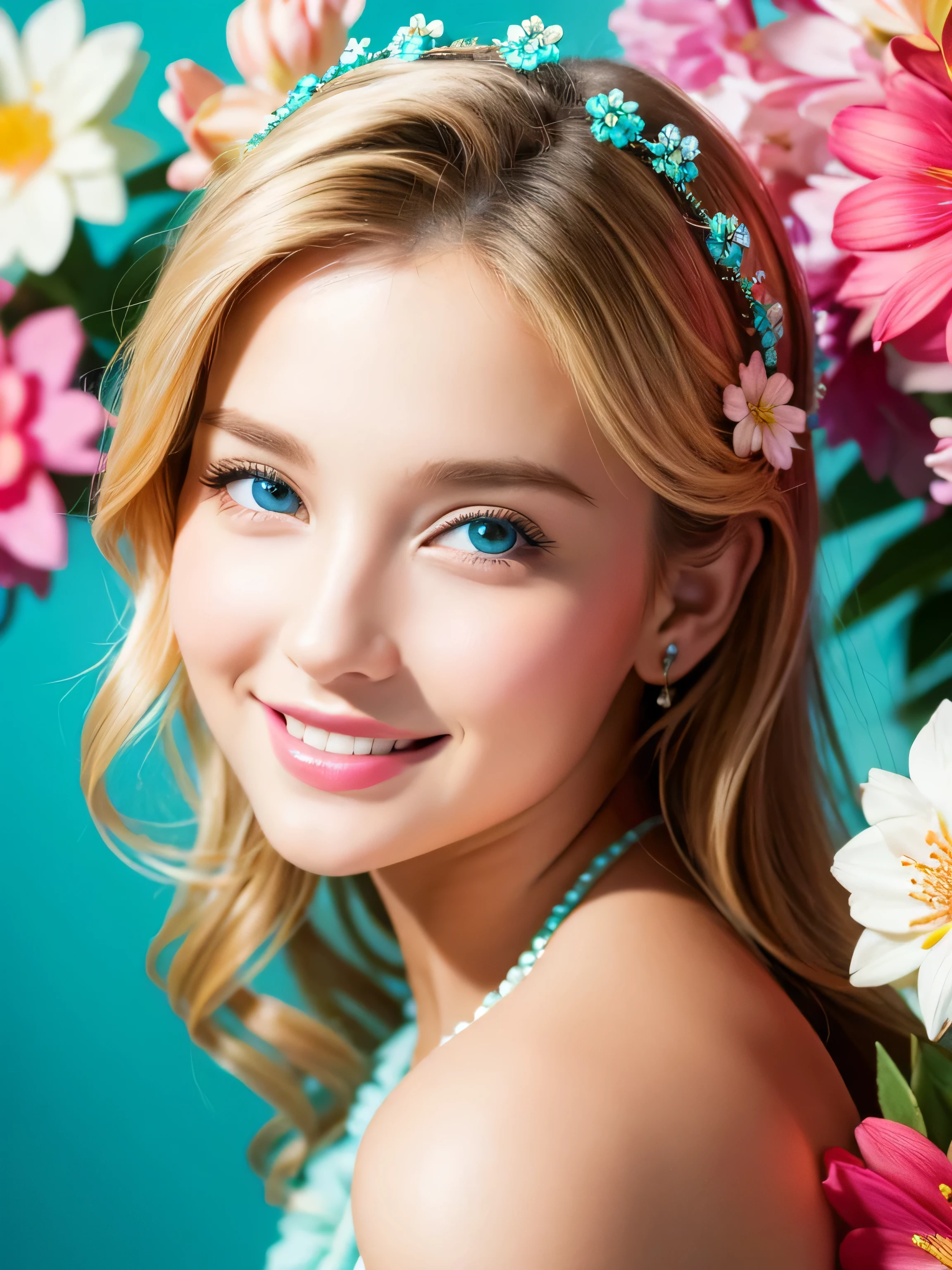 A ravishing French woman, crowned with delicate flowers, sits amidst vibrant blooms. Her luminous face, piercing blue-turquoise eyes, and plump lips curve into a joyful smile. She poses directly into the lens, her pastel-hued dress, intricate floral patterns, and luscious blonde locks framed against a kaleidoscope of colorful flowers. In high resolution, studio lights radiate an energetic atmosphere, illuminating every detail as she faces the camera with perfect face symmetry.