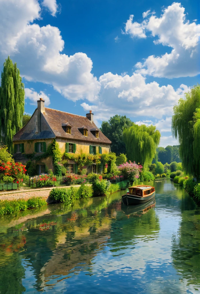 Claude Monet, summer, improve, complex, outdoor, Scenes, Sky, cloud, water, river, European style house, Boat，(best quality, masterpiece, representative work, Official Art, professional, Unity 8K wallpaper:1.3)