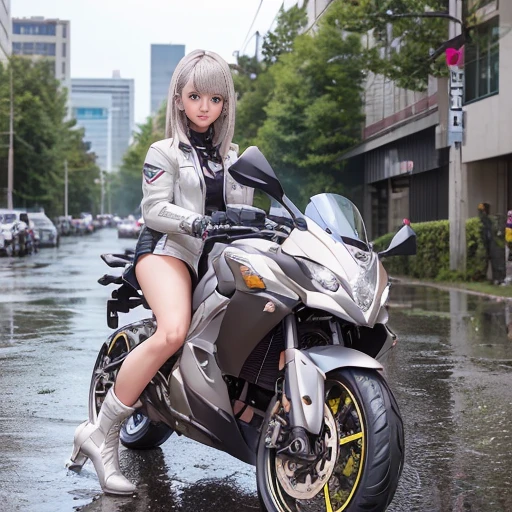 One girl, Mini skirt with slit、Jacket, Bob Hair、Silver Hair、Medium breast、boots、rain, ((Ground vehicles, Mecha, motorcycle, on motorcycle, Vehicle Focus, kawasaki、wheel))、night, road, street, rain, city, puddle, masterpiece:1.3、Raw photo、Highest quality , Anatomically accurate hands and feet、