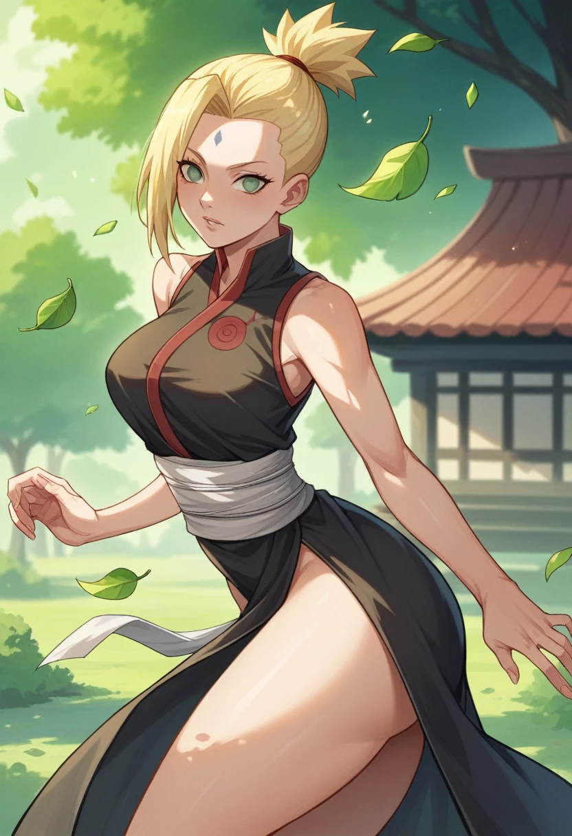 1 girl, alone , 19 years ,short blonde hair , tied hair, hair slicked back ,on forehead ,green eyes , beautiful, light skin color , wide shoulders, thin waist, medium breasts, defined thighs, thin, defined lean ,wide hips, medium ass, uzumaki clan, naruto shippuden style, Leaf village, black outfit, tribe uzumaki
