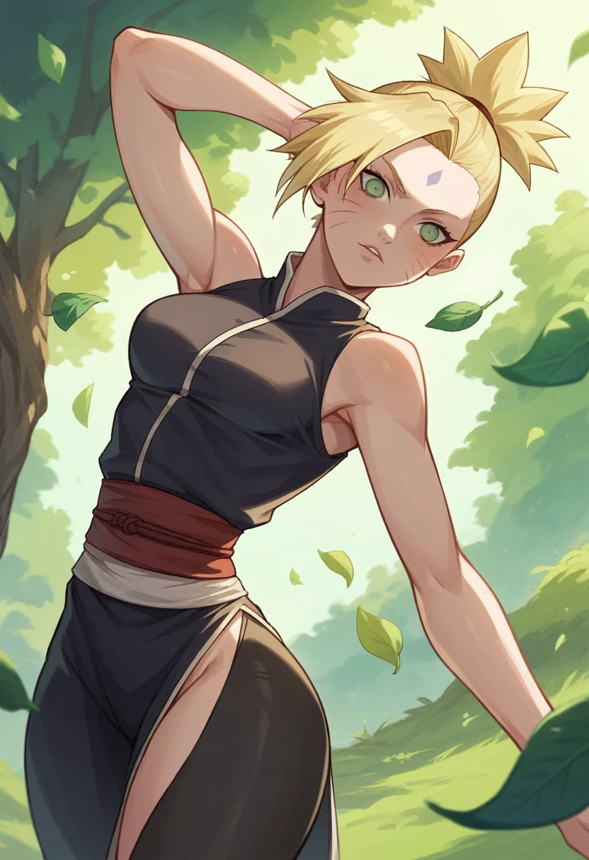 1 girl, alone , 19 years ,short blonde hair , tied hair, hair slicked back ,on forehead ,green eyes , beautiful, light skin color , wide shoulders, thin waist, medium breasts, defined thighs, thin, defined lean ,wide hips, medium ass, uzumaki clan, naruto shippuden style, Leaf village, black outfit, tribe uzumaki
