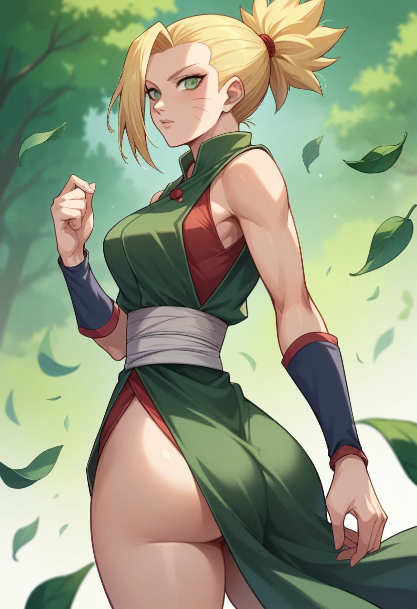 1 girl, alone , 19 years ,short blonde hair , tied hair, hair slicked back ,on forehead ,green eyes , beautiful, light skin color , wide shoulders, thin waist, medium breasts, defined thighs, thin, defined lean ,wide hips, medium ass, uzumaki clan, naruto shippuden style, Leaf village, black outfit, tribe uzumaki
