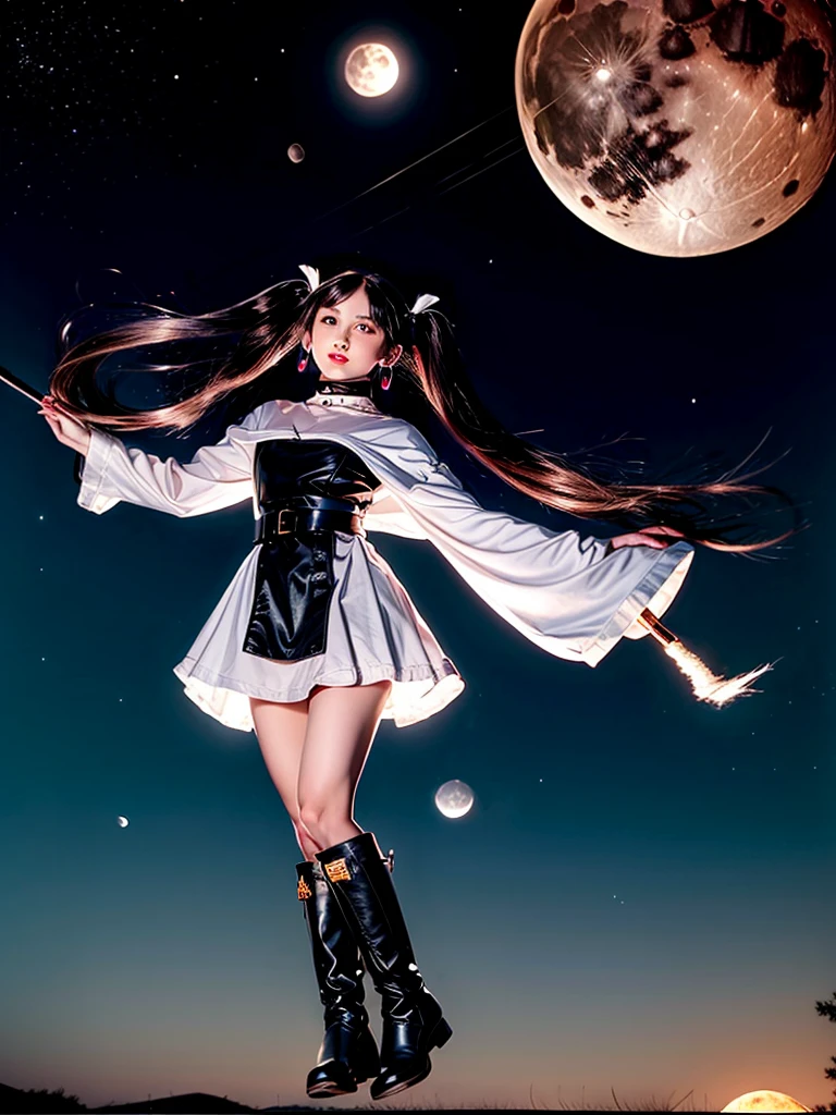 masterpiece, Highest quality, Very detailed, (Perfect Face, Detailed face),
Gray Hair, (Dual Ponytail:1.3), (hair ornaments:1.4), Side Lock, Small breasts, Apply blush all over the face, Expressionless, Green Eyes, (Glowing Eyes:1.3),
Long Hair, Pointed Ears, (Twin tails:1.3), jewelry, Fairy, Earrings, Capelet, Long sleeve, Short skirt, (Parted bangs:1.4), White Dress, (One Belt:1.3), Grey pantyhose, (White long boots:1.3), 
(From below:1.1), View your viewers, whole body, (With a long cane:1.1), (Floating in the air:1.4), flight, Jumping, Floating in the air, (Luminous wand:1.3), despise,
Outdoor, night, (Bright sky:1.2), Moonlight, (full moon, Bright Moon, Big Moon, super moon:1.3), The moon occupies a large area, (Starry Sky:1.3), Motion Blur, (Gradient Sky:1.2), (Simple Background, Only sky in the background:1.4), The invisible horizon, No evidence, 
FreezingNDV,

