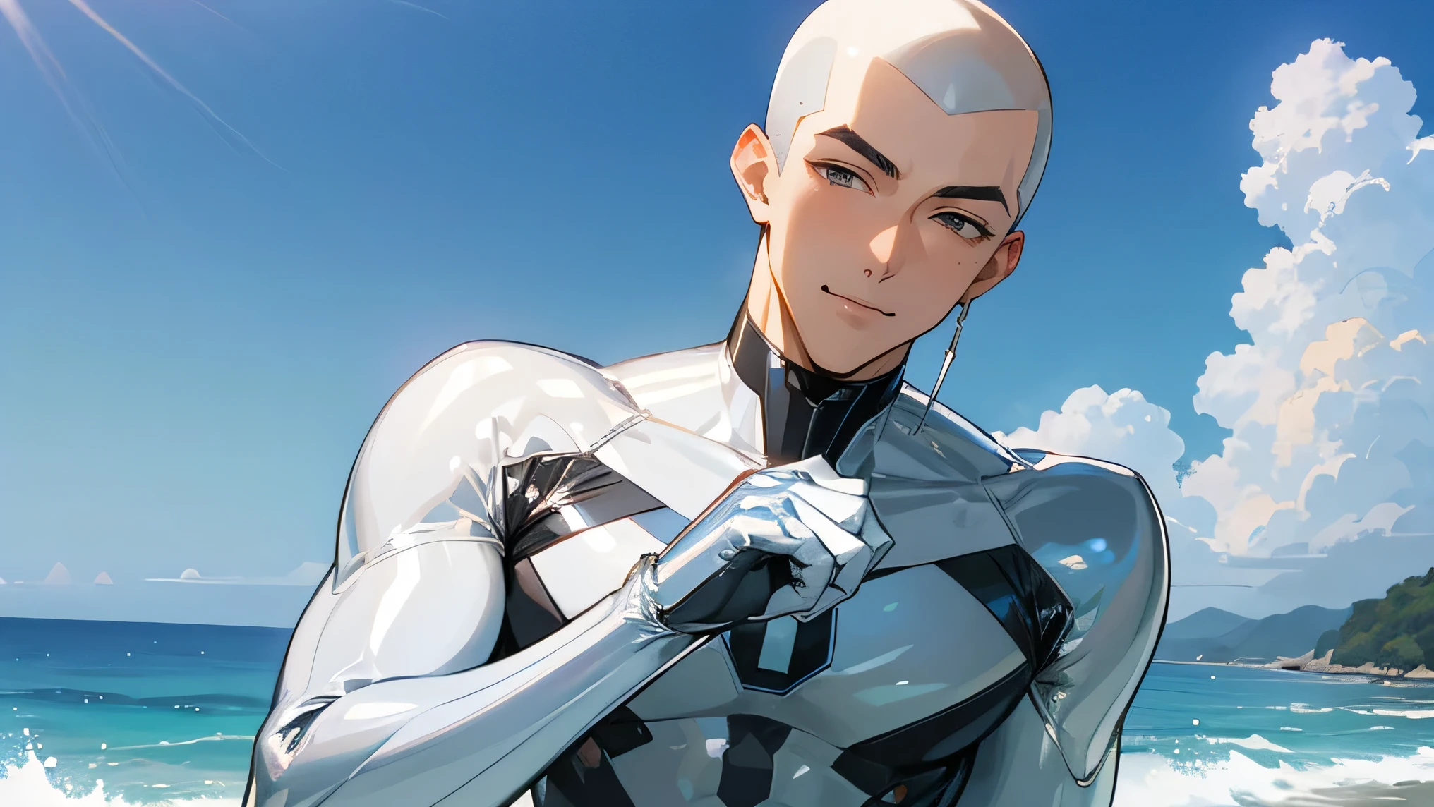 Handsome Japanese male models 　Black Hair　　Short cut　Shaved head　　　Slim figure　　　smile　looking at the camera　　　　soaked　Ocean　Shiny white and silver suit　　Shiny silver latex suit　Compression Suit　　Mega Bulge 　　　Bright blue sky　　up　　dynamic pose 　　クローズup　 Upper Body　Get down on one knee　squat　Leg spread　sleep