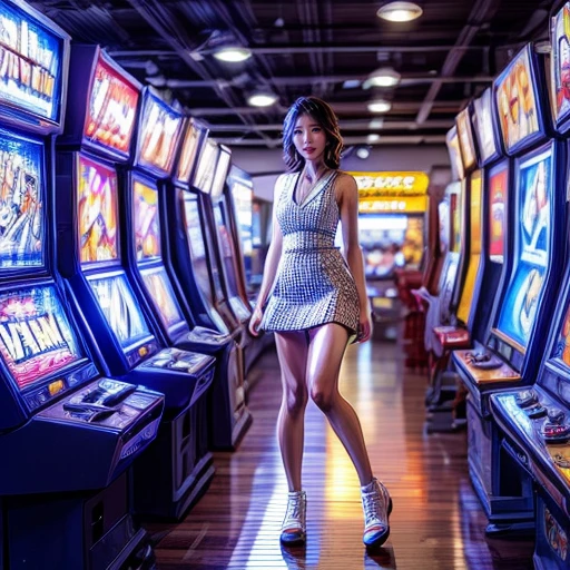 (ExtremelyDetailed((Song Joo A))) clearly visible the shape of Butt, Radiant PearlSkin with Transparency, GameShow event girls in sexy costume, Detailed Clothing texture, Full of (Game machine) . (Full body shot:1.2),Ultra-detailed,grand scale,epic,zoomed out,wide angle. (ExtremelyDetailed Beautiful face) Dynamic Joyful Expressions LifeLike Rendering. (Exposed:0.52) (TopQuality 8K(masterpiece(ProfessionalPhoto:1.37)))