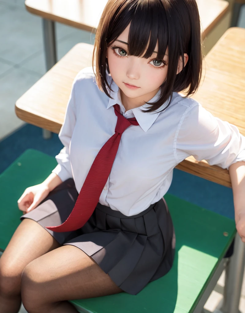 masterpiece, best quality, ultra-detailed, illustration, colorful, falt color, depth of field, lens flare,
1girl, anime, sitting, black hair, looking at viewer,school, classroom, pleated miniskirt , , serafuku, black pantyhose, detailed skin texture, detailed cloth texture, beautiful detailed face,