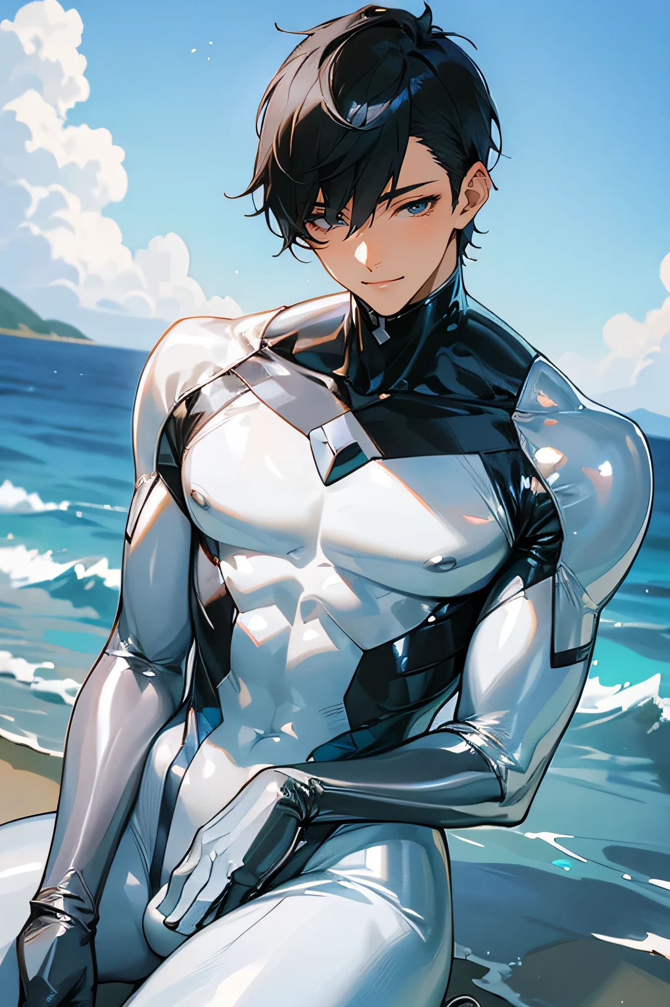 Handsome Japanese male models Black Hair Short cut Shaved head smile looking at the camera soaked Ocean Shiny white and silver suit Shiny silver latex suit Compression Suit Mega Bulge Bright blue sky up dynamic pose クローズup Upper Body Get down on one knee squat Leg spread sleep