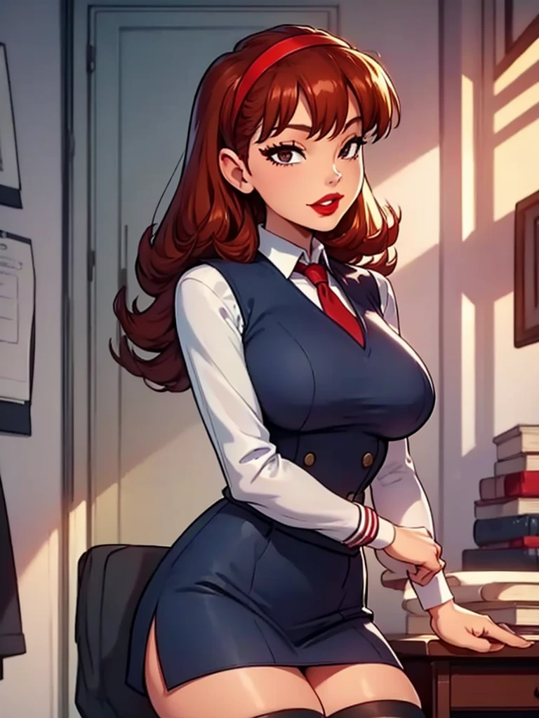 Sharona, wearing a navy office suit, white shirt, navy skirt,red lips,hairband,black stockings, high quality, 