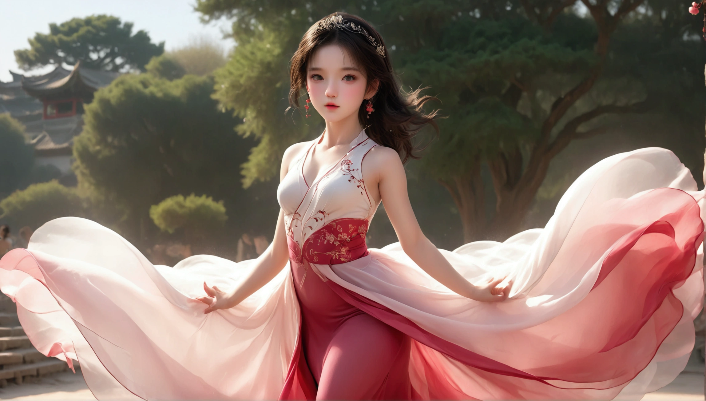 Dance photography；A dancer，Solitary；A little girl in a gorgeous long dress，Princess dress，Chinese style skirt，pink，Conservative style，Smudged skirt hem；The movements of the dance；elegant，Flexible skirt；Long hair shawl。Full body view，front； Simple style；Minimalism。White background，Pure white background；Panoramic photography；Depth of Field, Extraordinary details, masterpiece, high quality, 4K，cinematic lighting, motion blur, depth of field, sparkle, ray tracing, reflection light, anatomically correct, uhd, textured skin, best quality, super detail, highres, high details, accurate, high quality, award winning。