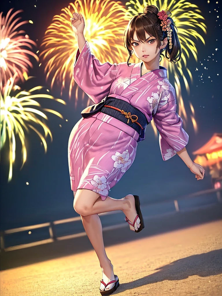 (Highest quality、8k、32K、masterpiece)、(Realistic)、(Realistic:1.2)、(High resolution)、Very detailed、Very beautiful face and eyes、(((Women's Solo Shot)))、Tight waist、(Highest quality、Attention to detail、Rich skin detail)、(Highest quality、8k、Oil paints:1.2)、(Realistic、Realistic:1.37)、Bright colors、(((Full Body Shot)))、(((Bob Hair)))、(((Medium Hair)))、(((Side Ponytail)))、(((Angry)))、(((Brown Hair)))、(((She is wearing a yukata with a fireworks pattern.)))、(((Black and pink yukata)))、(((Summer Festival at Night)))、(((Arms crossed、Standing with your legs apart、)))、(((crowd)))、(((Lined with food stalls)))