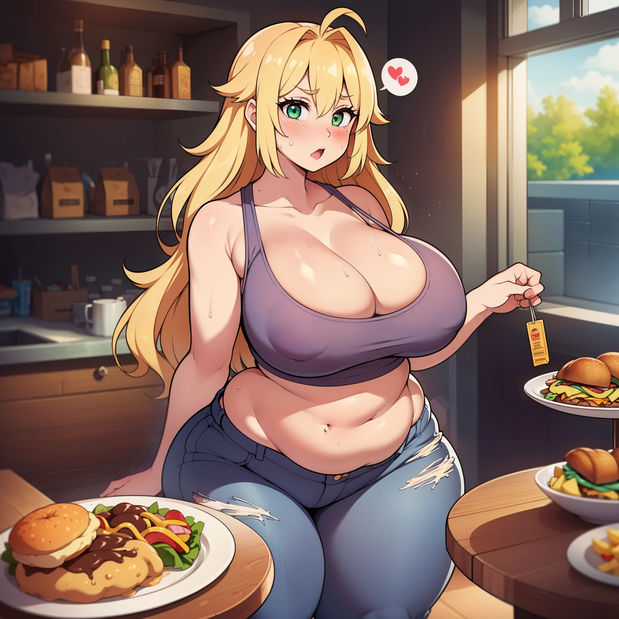 ((highres)), Masterpiece, high quality, best quality, beautiful, perfect lighting, detailed face, ultra cute face, ((1girl)), ((blush)), ((blush)), embarrassed, looking at viewer, skindentation, long blonde hair, fluffy hair, green eyes, jeans, tank top, tight clothes, full body, fast food restaurant, large breasts, perky breasts, cleavage, ((wide hips)), ((massive thighs)), ((plump)), chubby belly, fat folds, standing, table of food, holding food, looking at viewer, spoken heart,