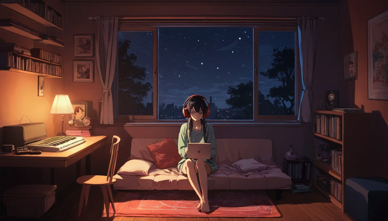 night、Girl listening to music in a cozy room, Usando Furnes de Ubiedo, 2D Style Anime, Lo-Fi, hard disk, Dark Environment