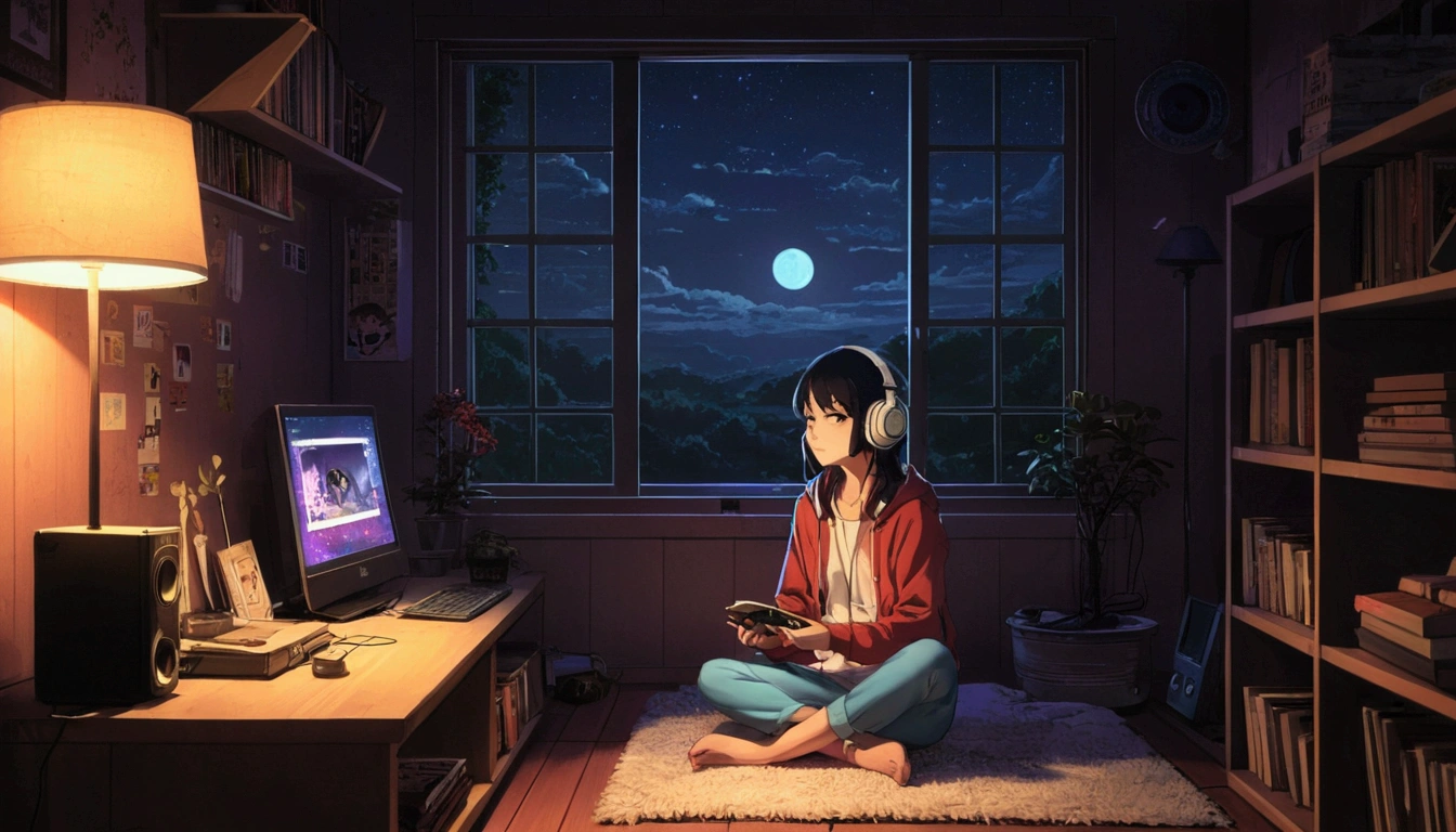 night、Girl listening to music in a cozy room, Usando Furnes de Ubiedo, 2D Style Anime, Lo-Fi, hard disk, Dark Environment