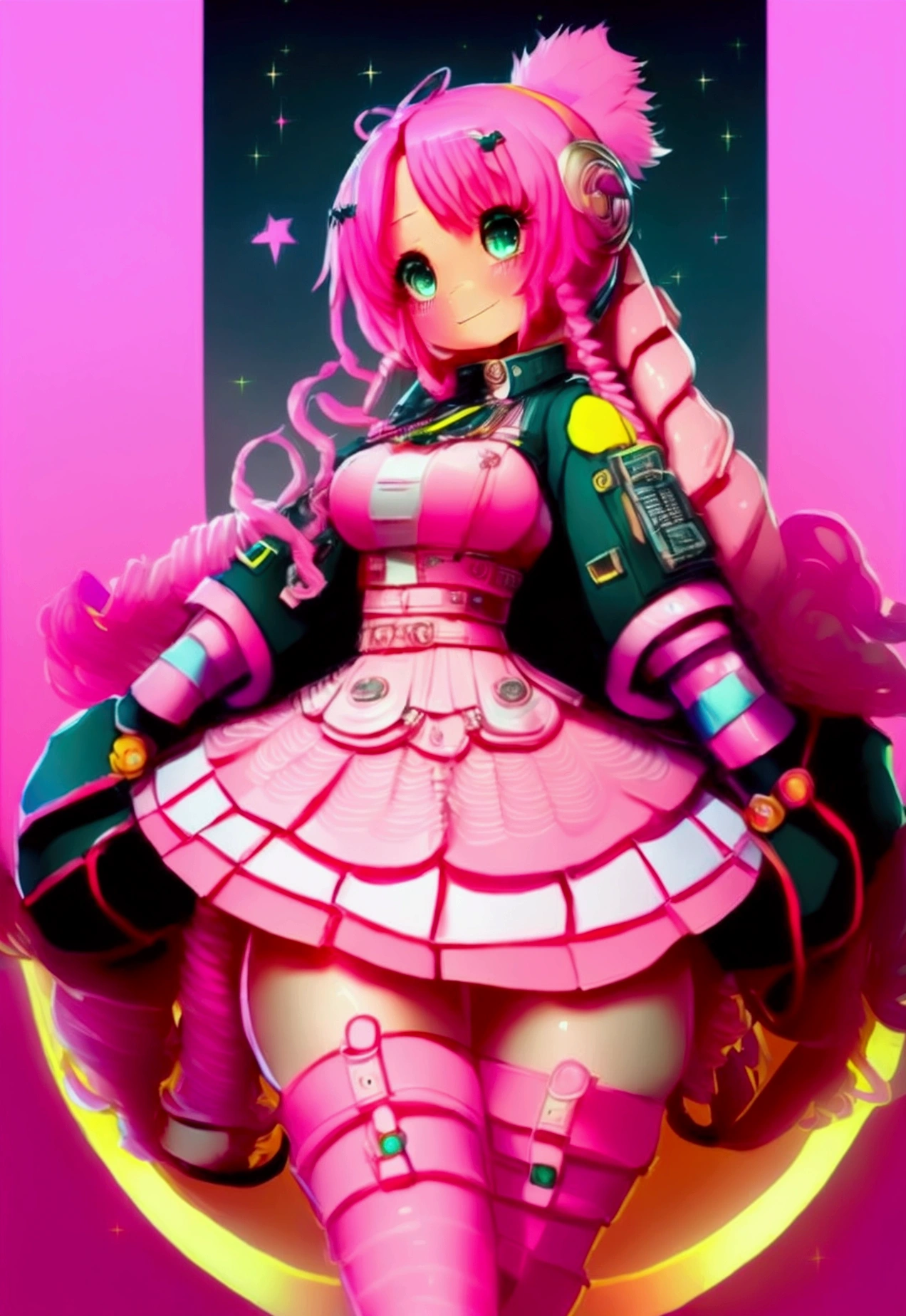 High resolution, Highest quality, masterpiece, Very high quality, Very detailed, Surreal, 3d, anime, An illustration, Fantasy, Hard Rock Girl, So beautiful and cute, Pink wavy hair, Side braid, mini skirt, Knee-high socks, Engineer boot, background cyberpunk city galaxy  