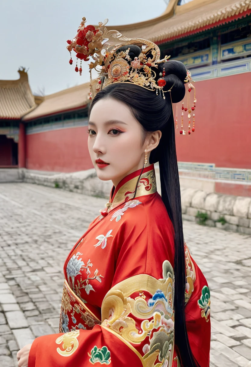 The background is a cobblestone street outside a Chinese palace in the Qing Dynasty. The empress at the Chinese court in the Qing Dynasty is wearing red Hanfu and looking from the front. Her big buttocks are covered with a naked loincloth that has been moved down to show off her big breasts. Her hair is adorned with a gorgeous Chinese empress's crown, and the back of her hair is tied up at the top.