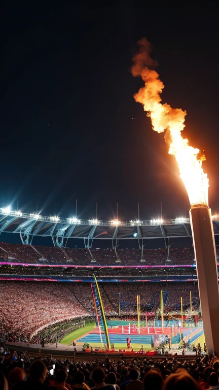 Olympic stadium, enthusiastic crowd, Olympic cauldron, Olympic flame, Olympic rings