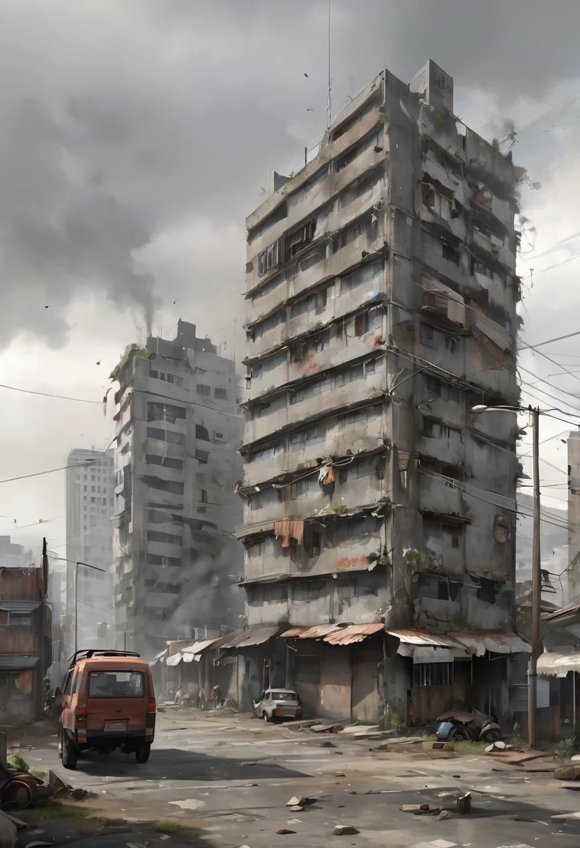 Cinematic post-apocalyptic city, crumbling concrete skyscrapers belching smoke, dilapidated and crowded buildings, Junto, imagem tirada a 200 metros de altura,  grey sky, a cidade se estende pelo horizonte, ambiente desolado e triste, Kenopsia, rusty and destroyed cars on the streets, as detailed as possible, ambiente cinzento, atmosfera cinza, Grey buildings, Grey overcast sky