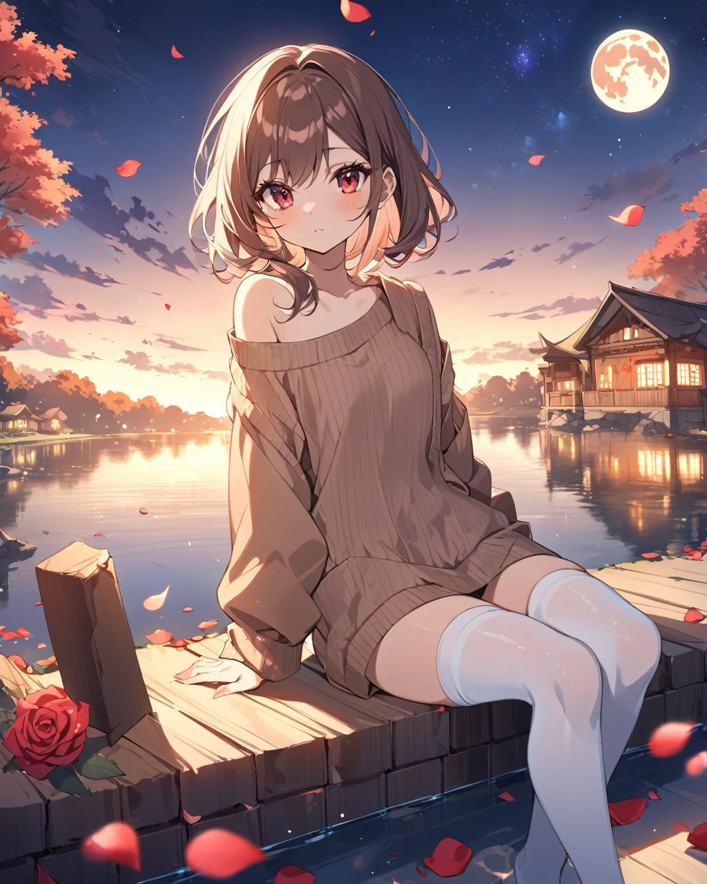 Anime style illustration of a young girl (sitting down), (弓), (chestnut hair), (shorth hair), (red eyes), (Megumin_au [ (sweater):(((Sau meias))):0.4]:1.2),(bare one shoulder),clavicle,(white thigh highs:1.2),gazing at viewer,[(natta:1.2),peaceful,sky ,((fullmoon)),stele,House,citys,(in a courtyard),Waterdrop,lake,(near the lake),tree,flower request,Tuuli::0,6],(refraction of iridescent light), (floating rose petals: 1.2), dreamy