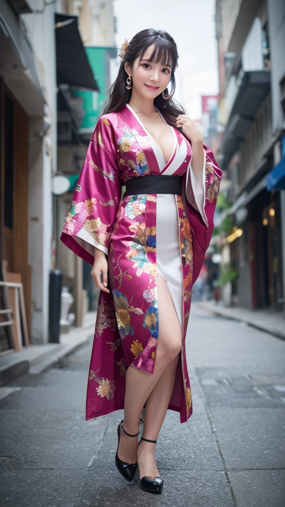 High resolution, accurate, Winner of numerous awards, High-resolution model, 高quality, Textured skin, Ultra high definition, Very detailed, quality, High detail, 最高quality, masterpiece, Overlooking, (Full body photo:1.5),(Character portrait),Vivid Kimono,Large Breasts, Earrings, Long Hair, Disheveled Hair, smile, Bright Eyes, Droopy eyes, Sparkle Effect, Background blur, movie,