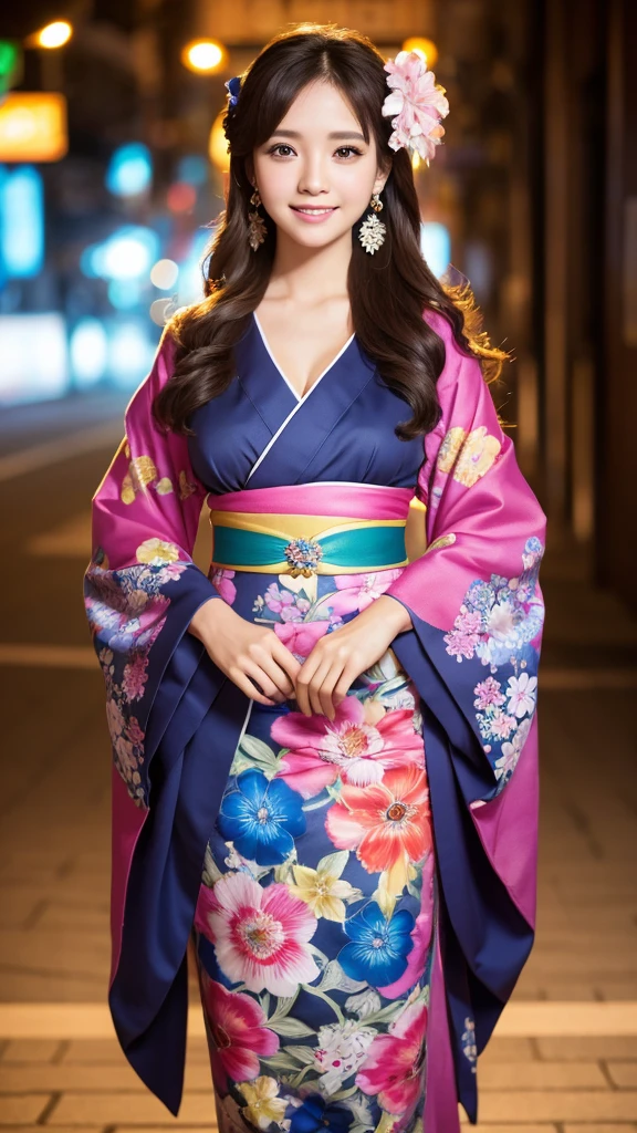 High resolution, accurate, Winner of numerous awards, High-resolution model, 高quality, Textured skin, Ultra high definition, Very detailed, quality, High detail, 最高quality, masterpiece, Overlooking, (Full body photo:1.5),(Character portrait),Vivid Kimono,Large Breasts, Earrings, Long Hair, Disheveled Hair, smile, Bright Eyes, Droopy eyes, Sparkle Effect, Background blur, movie,