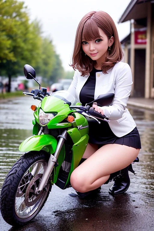 One girl, Mini skirt with slit、Jacket, Bob Hair、Silver Hair、Medium breast、boots、rain, ((Ground vehicles, Mecha, motorcycle, on motorcycle, Vehicle Focus, kawasaki、wheel))、night, road, street, rain, city, puddle, masterpiece:1.3、Raw photo、Highest quality , Anatomically accurate hands and feet、