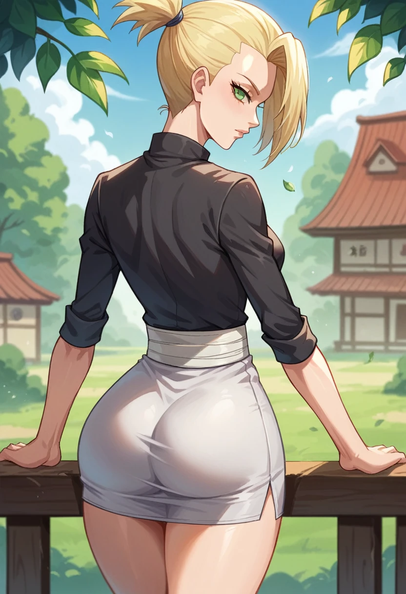 1 girl, alone , 19 years ,short blonde hair , tied hair, hair slicked back ,on forehead ,green eyes , beautiful, light skin color , wide shoulders, thin waist, medium breasts, defined thighs, thin, defined lean ,wide hips, medium ass, naruto shippuden style, Leaf village, black shirt, short white skirt