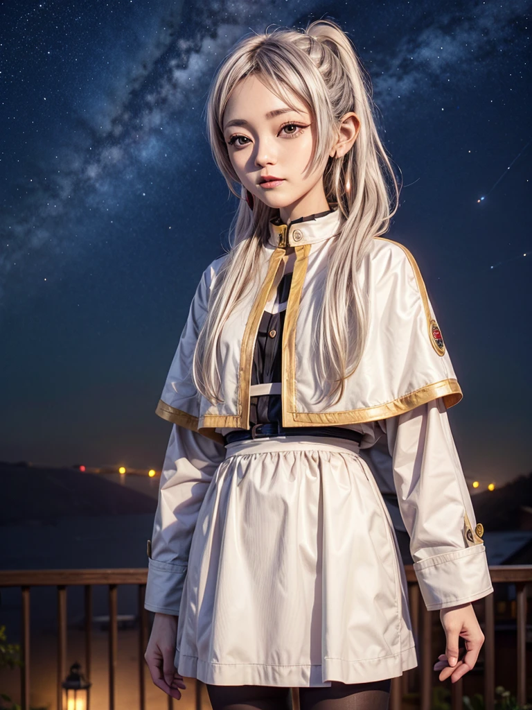 One girl,alone,Fairy,Gray Hair, Grey Hair, Earrings, Pointed Ears, Long Hair, ponytail, Green Eyes, Twin tails, Parted bangs, Thick eyebrows,
Capelet with collar, White capelet, Striped shirt, Long sleeve,Striped, White Skirt,
pantyhose,
Night Sky, performer, Milky Way, milky way,
 