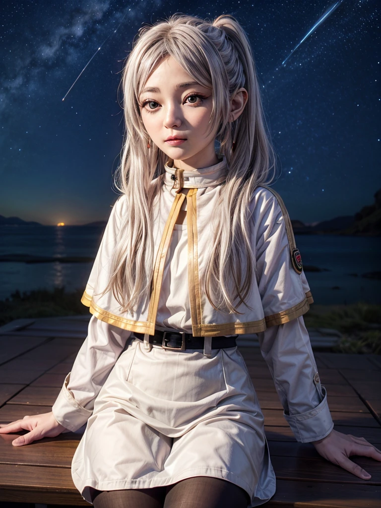 One girl,alone,Fairy,Gray Hair, Grey Hair, Earrings, Pointed Ears, Long Hair, ponytail, Green Eyes, Twin tails, Parted bangs, Thick eyebrows,
Capelet with collar, White capelet, Striped shirt, Long sleeve,Striped, White Skirt,
pantyhose,
Night Sky, performer, Milky Way, milky way,