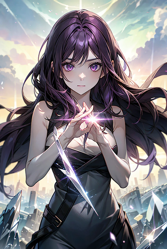 purple hair, shiny hair, crystal hair, Surrealism, anime, backlighting, 8k, super detail, UHD, retina, accurate, anatomically correct, textured skin, super detail, high details, high quality, award winning, best quality, highres
"Create an AI-generated image of a girl with purple hair, evoking destruction and regeneration. Set the background to represent a world of black and white."