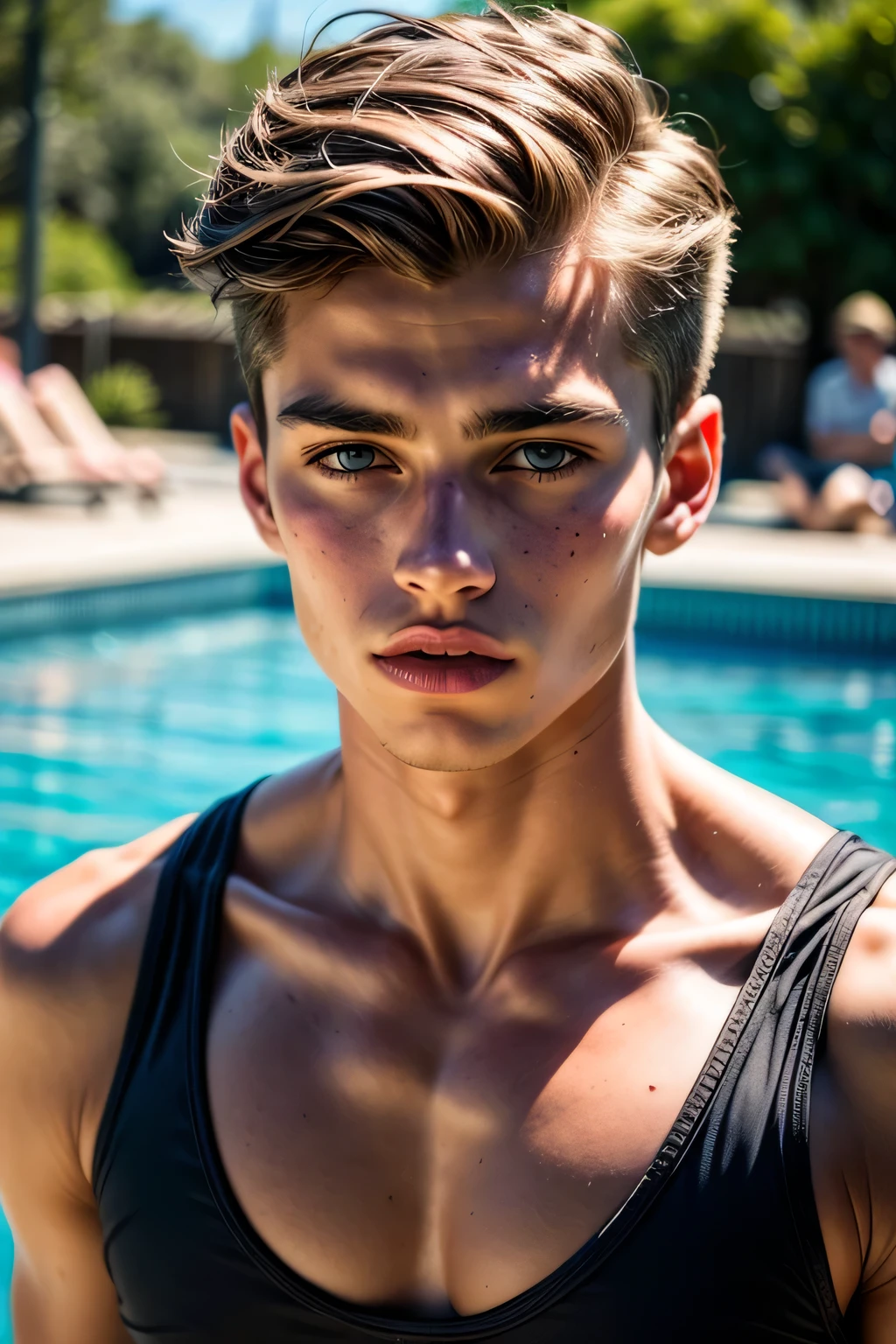 Portrait of a young sportsman in a pool, wearing a tank top, sportsman, slim, beautiful facial features, photography, ultra detailed, real, film grain, beautiful boy, beautiful facial features, symmetrical, film grain, male beauty, short hair, supreme, nature, artistic portrait, artistic pose, photography award, realistic, heroic}