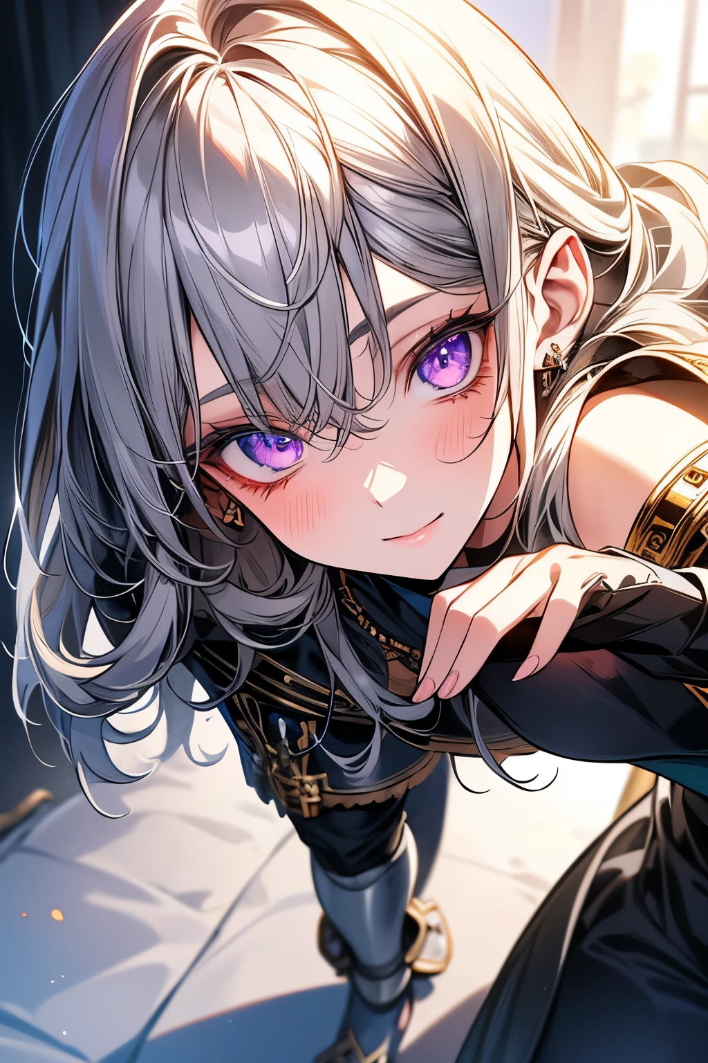 masterpiece, best quality, ultra-detailed, glistening shiny, glowing light, ray tracing, HDR, (perfect face, detailed face, detailed eyes), 8k,HD,ultra realistic face, ray tracing, perfect lighting, best quality, ultra-detailed, High resolution, 1girl, Full body, Description Girls, detail hands, Detail fingers, Detail Face, cute face, detail legs, overdetailed art, Fine details, silver hair, long hair, purple eyes, knight, knightess, royal, in castle, in room, walking, armor,