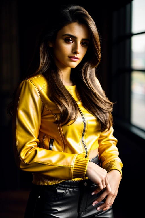 beautiful woman (p3cruz:.99), beautiful hair, ((closeup portrait:1.2)), ((face focus)), (((London))), natural skin texture, ((leather jacket, yellow long sleeve top, and straight-leg pants :1.2)), 24mm, 4k textures, soft cinematic light, adobe lightroom, photolab, hdr, intricate, elegant, highly detailed, sharp focus, ((((cinematic look)))), soothing tones, insane details, intricate details, hyperdetailed, low contrast, soft cinematic light, exposure blend, hdr, faded