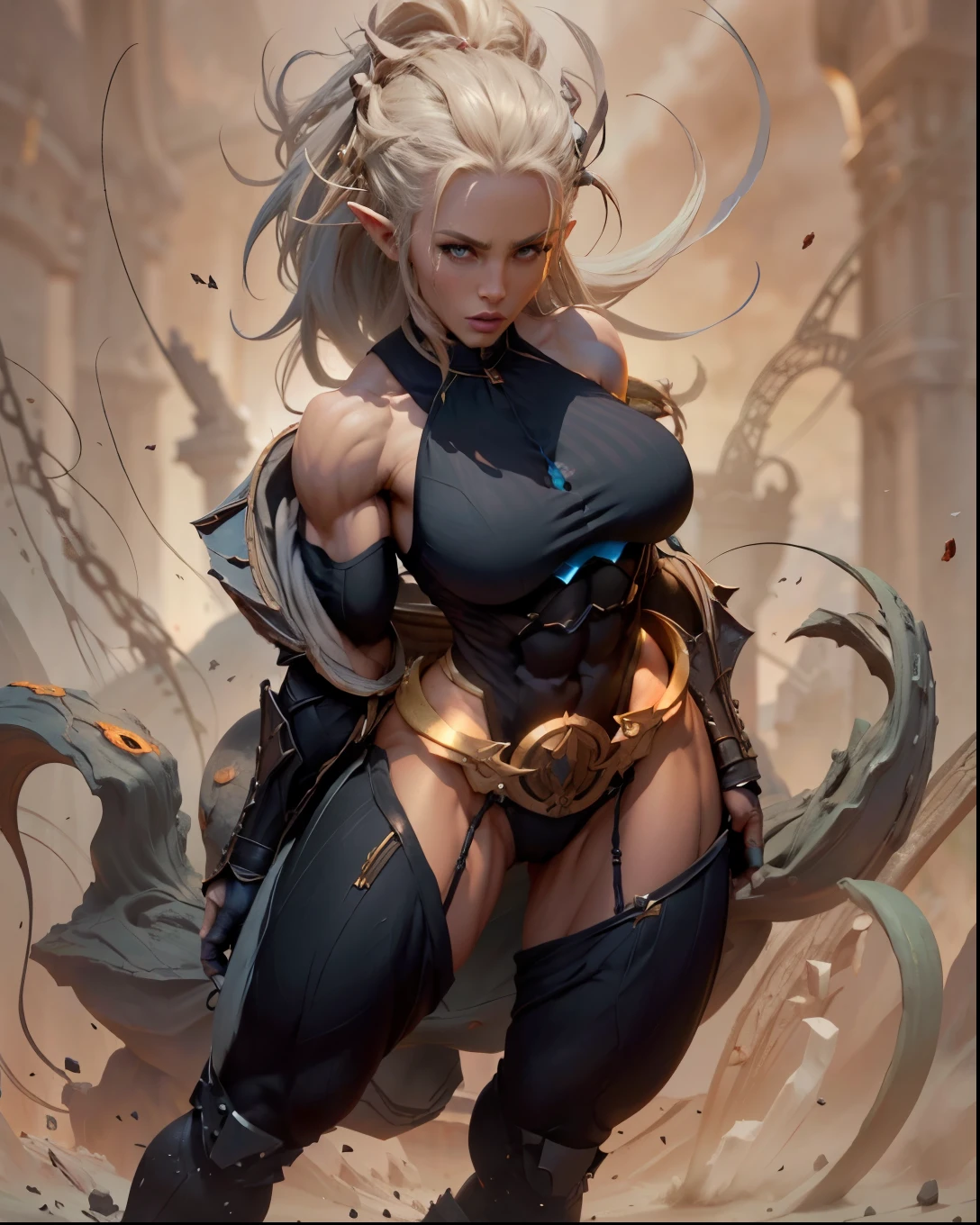 Muscular elf, beautiful body, Bblack hair，anatomical correct，epic fantasy digital art，Masterpiece artwork，8k，High definition resolution, high qualiy，, epic composition,