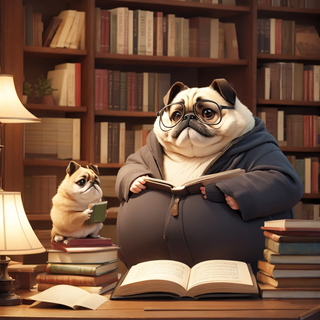 Reading in the library: A scene with an anthropomorphic pug reading a large book in a library。Wearing glasses、It's cute to see her concentrating as she quietly turns the pages while reading.。