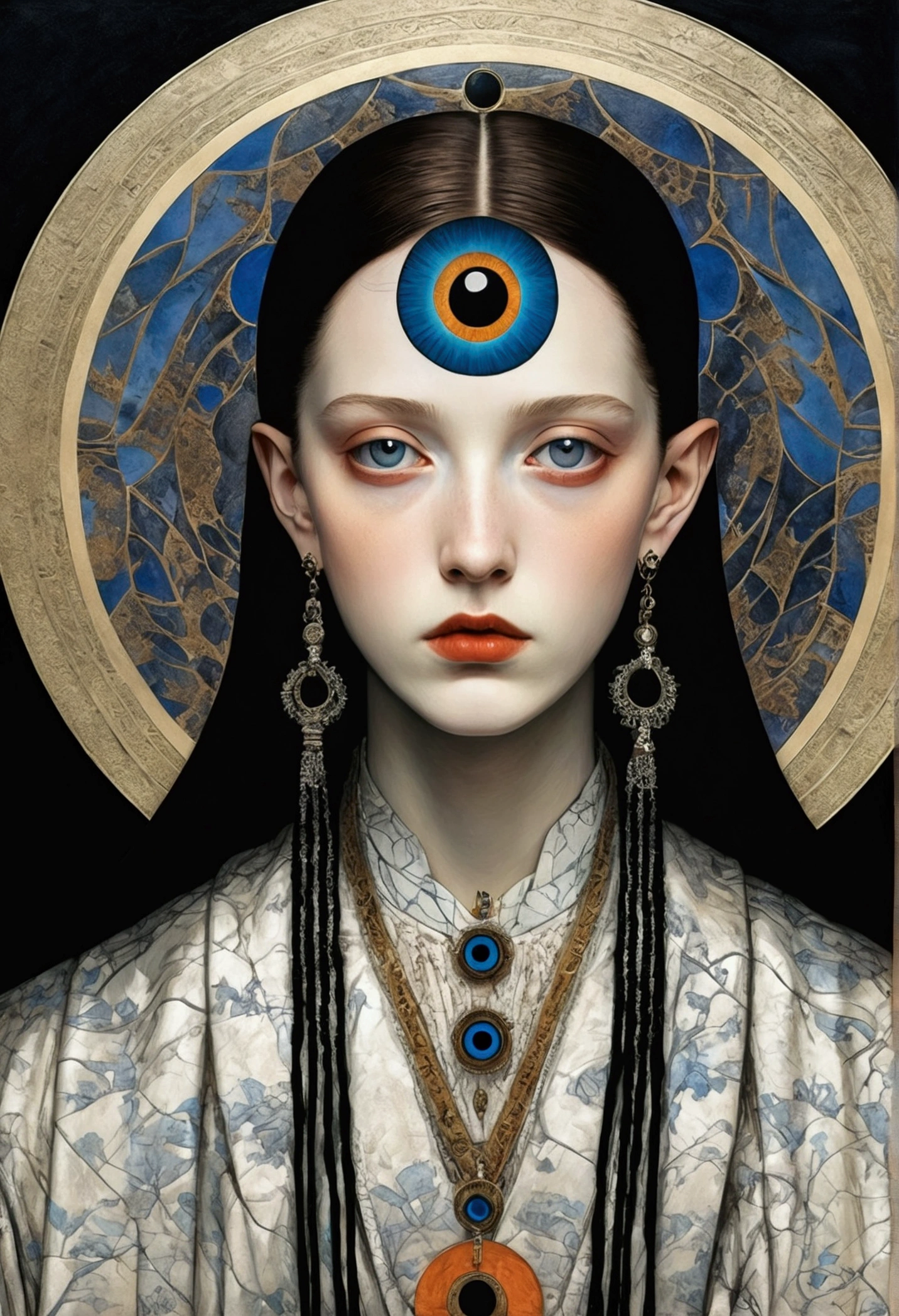 The art of math,Digital Illustration,Drawing,Decorative paintings,(((Harry Clark (Harry Clarke) style,圣地亚哥·卡鲁索style))),Simple,clean,Fine painting style,(((The third eye on the forehead。short hair,Pointed ears,robe))),Wide Angle,Black and blue,Solid color background