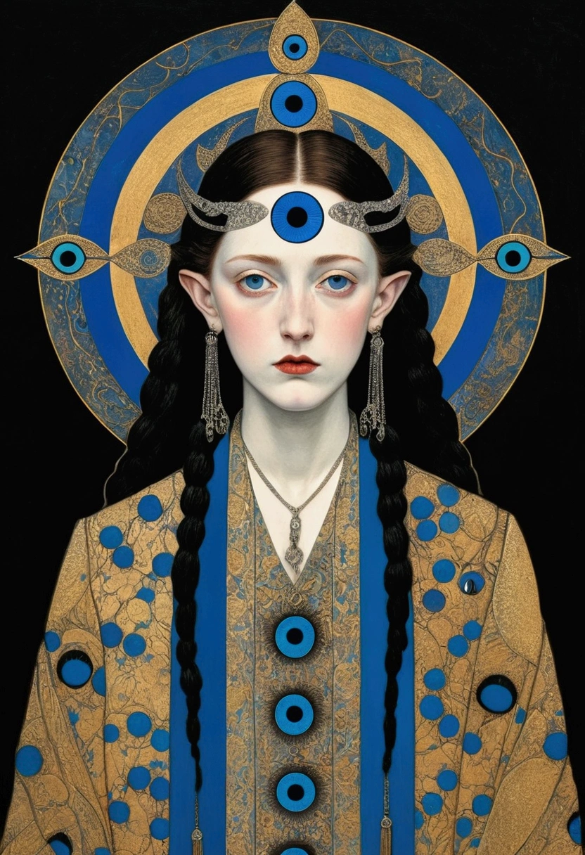 The art of math,Digital Illustration,Drawing,Decorative paintings,(((Harry Clark (Harry Clarke) style,圣地亚哥·卡鲁索style))),Simple,clean,Fine painting style,(((The third eye on the forehead。short hair,Pointed ears,robe))),Wide Angle,Black and blue,Solid color background