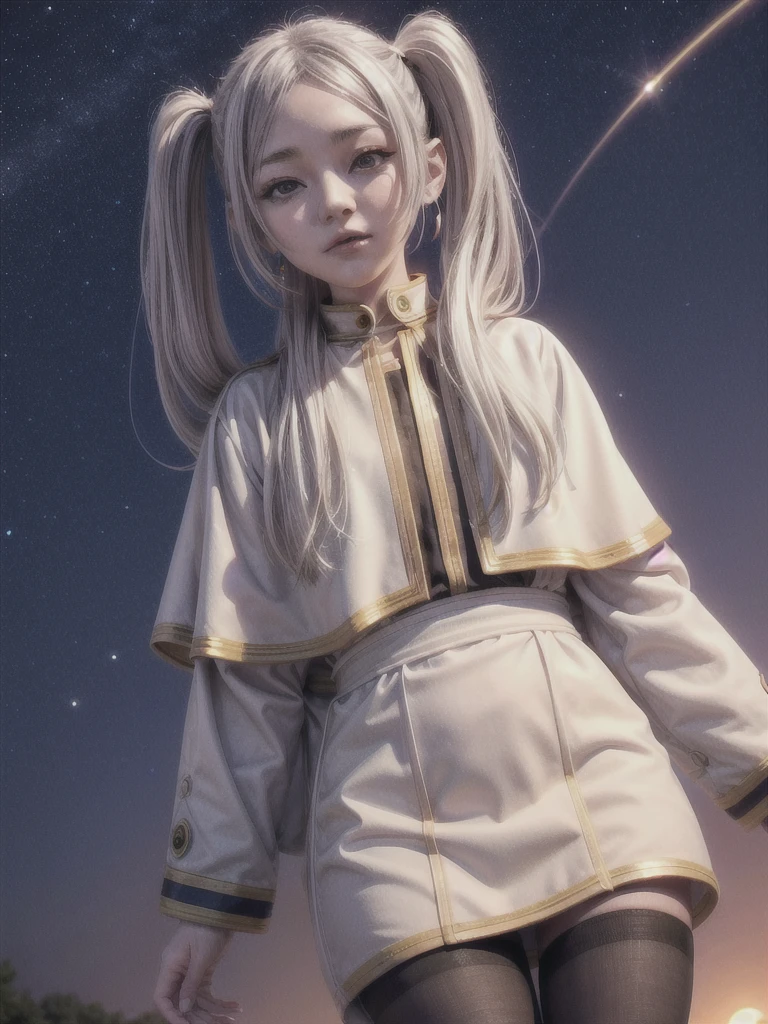 One girl,alone,Fairy,Gray Hair, Grey Hair, Earrings, Pointed Ears, Long Hair, ponytail, Green Eyes, Twin tails, Parted bangs, Thick eyebrows,
Capelet with collar, White capelet, Striped shirt, Long sleeve,Striped, White Skirt,
pantyhose,
Night Sky, performer, Milky Way, milky way,