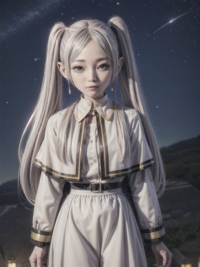 One girl,alone,Fairy,Gray Hair, Grey Hair, Earrings, Pointed Ears, Long Hair, ponytail, Green Eyes, Twin tails, Parted bangs, Thick eyebrows,
Capelet with collar, White capelet, Striped shirt, Long sleeve,Striped, White Skirt,
pantyhose,
Night Sky, performer, Milky Way, milky way,
 