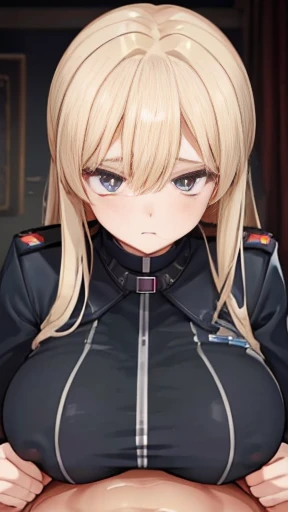 A girl who wears military clothes, brown heirs, gigantic breasts, anime cartoon, german third reich, long heirs,((highest quality)), ((masterpiece)),details, bleu eyes