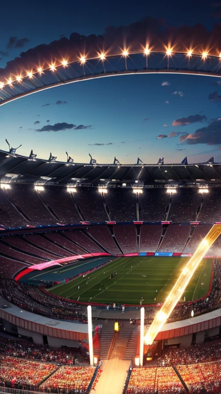 Olympic stadium, (enthusiastic crowd), Olympic cauldron, Olympic flame, Olympic rings