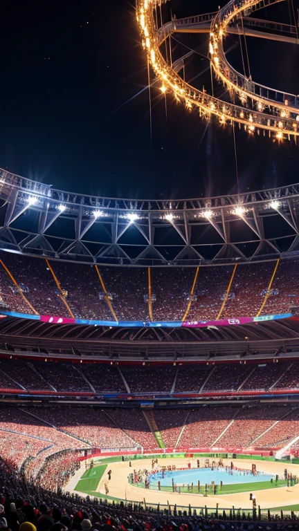 Olympic stadium, (enthusiastic crowd), Olympic cauldron, Olympic flame, Olympic rings