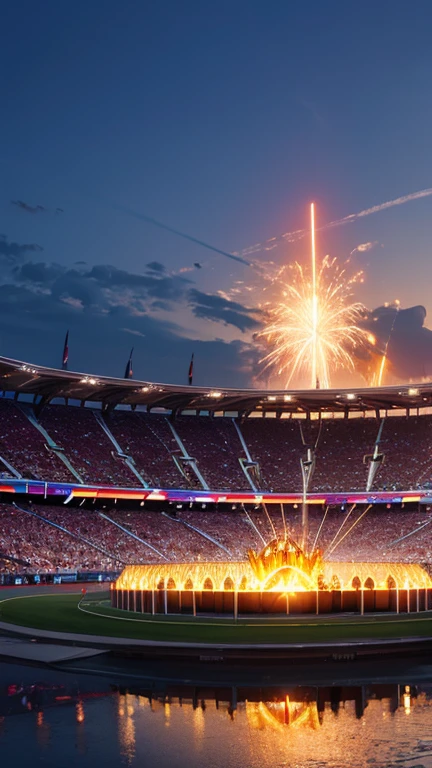 Olympic stadium, (enthusiastic crowd), Olympic cauldron, Olympic flame, Olympic rings