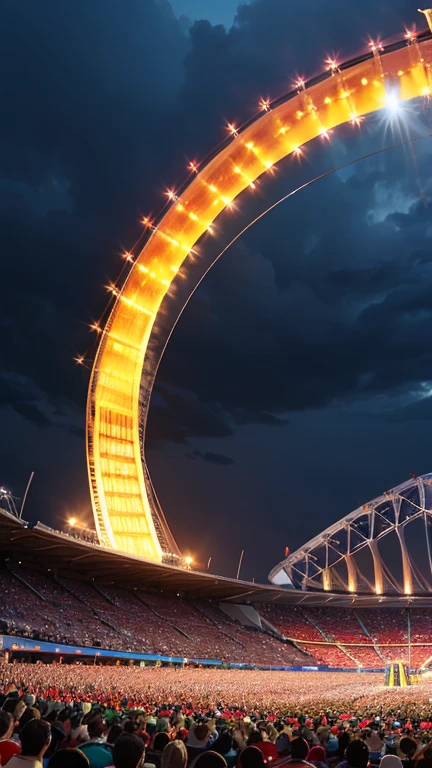 Olympic stadium, (enthusiastic crowd), Olympic cauldron, Olympic flame, Olympic rings